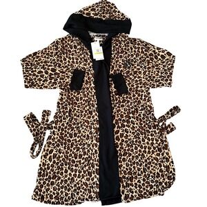 DKNY womens leopard print hooded robe M‎ belted loungewear $78 MSRP stretchy